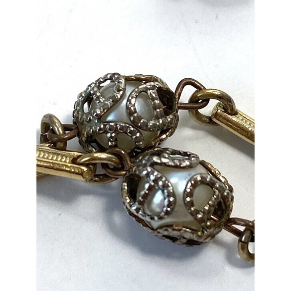 Necklace Vintage Caged Pearls Gold Tone Metal Beads Linked 30” - Picture 7 of 16
